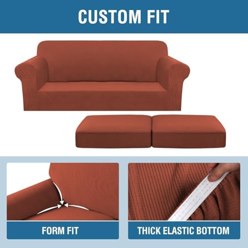 H.VERSAILTEX 3 Piece Stretch Sofa Covers for 2 Cushion Sofa Couch Covers for Living Room Sofa Slipcovers (Base Cover Plus 2 Seat Cushion Covers) Thicker Jacquard Fabric(Large Sofa, Rust) - Image 4