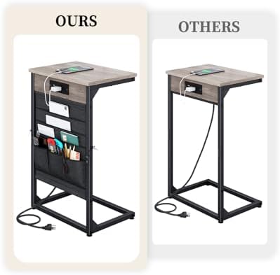C-Shaped End Table with Fast-Charging Station, Small Couch Side Table with Storage Bag, Sofa TV Tray Table for Living Room, Bedroom, Bedside ET-GY-W1 - Image 3