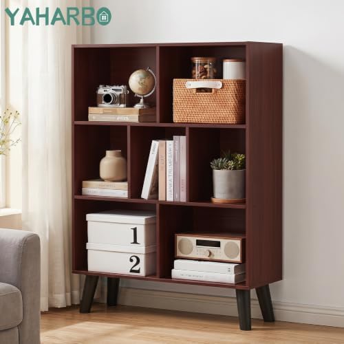 YAHARBO Walnut Bookshelf,3 Tier Book Shelf with Legs, 7 Cube Minimalist Bookcase,Storage Organizer Shelves Display Bookcases for Bedroom,Living Room - Image 3