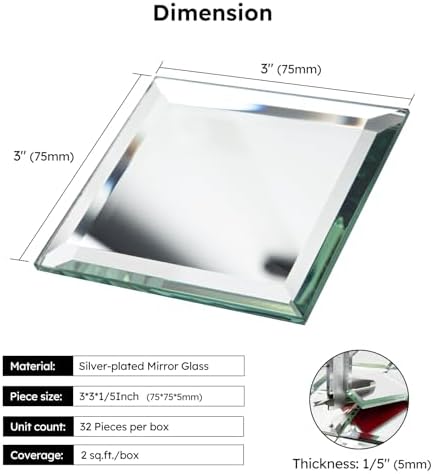 Diflart 32 Pcs Mirror Peel and Stick Tile, Silver, 3x3 Inch, Beveled Mirror Square Kitchen Backsplash Bar Bathroom Wall Tile - Image 3