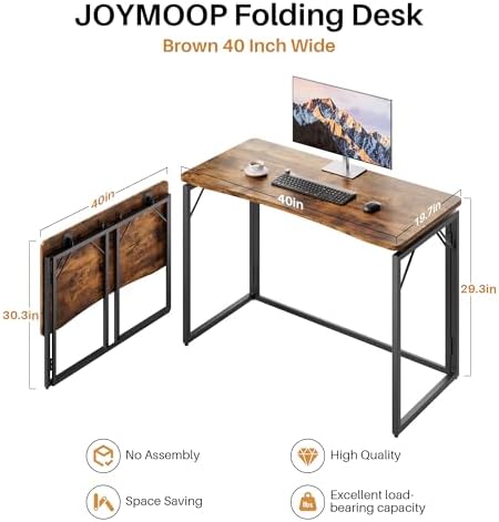 JOYMOOP 40" Rustic Brown Folding Desk No Assembly, Wooden Top, Middle Size - Image 3