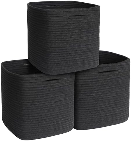 11x11x11 Cube Storage Bin - 3 Pack Woven Storage Cubes Organizer, 11 Inch Black Cotton Rope Baskets for Organizing, Square Baskets for Shelves, Nursery Closet Bins, Cubby Toy Box Organizer by Unknown