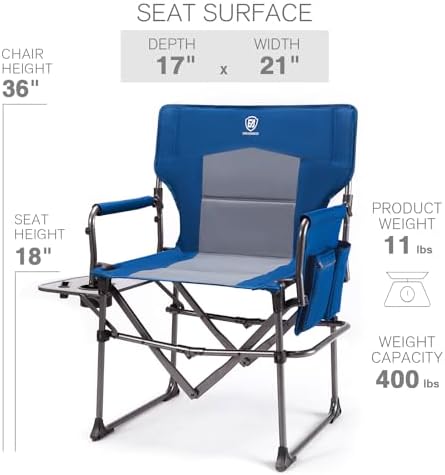 EVER ADVANCED Camping Directors' Chair with Side Table, Portable Folding Chair with Compact Size, Heavy Duty Lawn Chair with Pocket for Camping, Lawn, Sports and Fishing, 400lbs, Blue 2 Pack - Image 3
