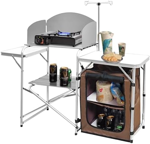 CampLand Folding Camping Kitchen Table with Windscreen,Portable Outdoor Cooking Station with Storage Cabinet & Side Tables Heavy Duty Camp Cook Station for Camping & BBQ（White） by CampLand