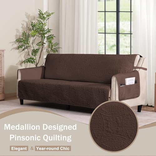 Soft Couch Cover with Pockets for Extra-Large Sofa, Medallion Quilted Design Couch Covers for 3 Cushion Sofa, Oversized Sofa Covers Washable Water-Repellent (X-Large Sofa 78", Chocolate) - Image 2