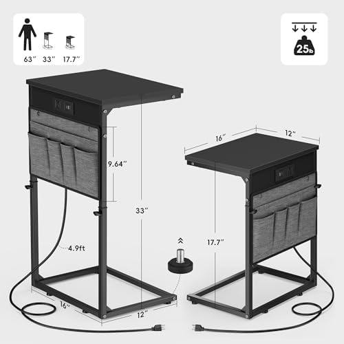 Vagusicc C Shaped End Table with Charging Station, Tall C Table End Table Adjustable Height Side Table for Couch, Small Couch Table Slide Under Sofa Table TV Tray Table for Living Room, Bedroom, Black - Image 3