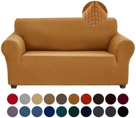Joccun Stretch Loveseat Couch Cover Slipcover, 1-Piece Sofa Cover for 2 Cushion Couch Spandex Jacquard Washable Furniture Protector Cover for Living Room,Kids,Pets（Loveseat,Gold） by Joccun