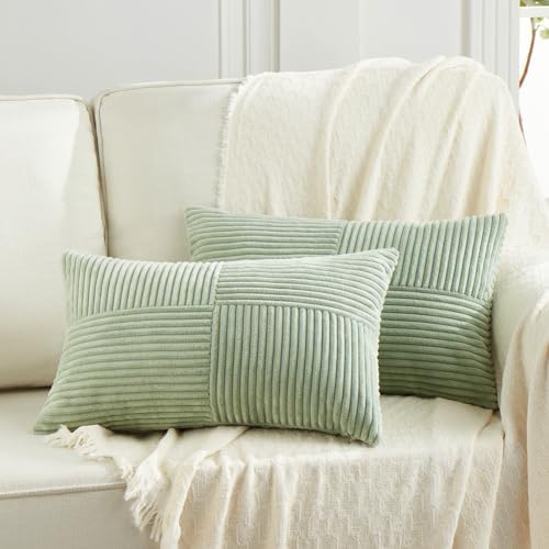 Fancy Homi 2 Packs Sage Green Lumbar Decorative Throw Pillow Covers 12x20 Inch for Living Room Couch Bed, Rustic Farmhouse Boho Home Decor, Soft Striped Corduroy Rectangle Accent Cushion Case 30x50 cm by Fancy+Homi
