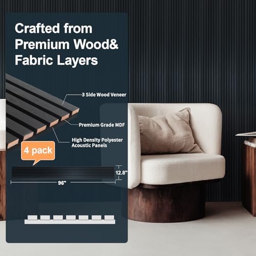NeatiEase Wood Slat Wall Panels, 4-Piece 96" x 12.6", Soundproof & Noise Cancelling, Acoustic Wall Panels (Black) - Image 2