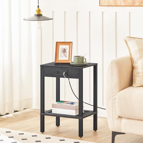 HOOBRO Side Table with Charging Station, End Table with USB Ports and Outlet, Nightstand with 2-Tier Storage Shelf, Faux Rattan Decoration, for Small Space, Black BK91UBZ01 - Image 4