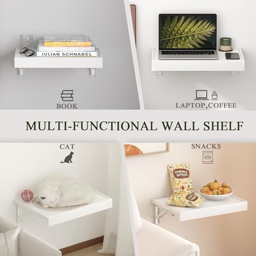 TEAMIX Wall Mounted Folding Bedside Shelf, White Wood Floating Nightstand Table with Heavy-Duty Brackets, 16.5''x12'' Space Saving Bed Side Tray Storage for Bedroom, Living Room, Dorm (White, Basic) - Image 6