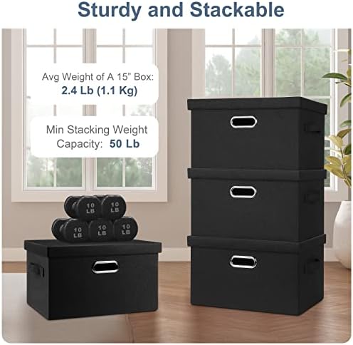 Graciadeco Medium 15" 21 Quart Collapsible Stackable Storage Bins with Lids, 3 Packs Black Foldable Fabric Closet Boxes Heavy-duty Lidded Linen Cube Basket Container Organizer and Storage for Bedroom - Image 4