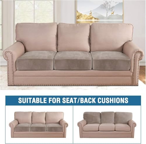 H.VERSAILTEX Velvet Stretch Couch Cushion Cover Plush Cushion Slipcover for Chair Loveseat Sofa Cushion Furniture Protector Seat Cushion Sofa Cover (3 Piece XL Sofa Cushion Covers, Taupe) - Image 3