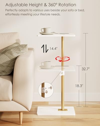 Masupu Sofa Arm Tray Table - 360° Swivel Height Adjustable End Table, Small Snack Side Table for Couch, C Shaped Table for Bed, Chair or TV Tray Table(Marble White and Gold) - Image 2