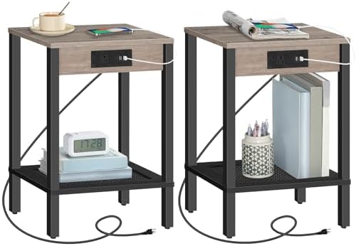 HOOBRO Side Table with Charging Station, Set of 2 End Table with USB Ports and Outlet, Nightstand with 2-Tier Storage Shelf, Faux Rattan Decoration, for Small Space, Greige and Black BG91UBZP201 by HOOBRO