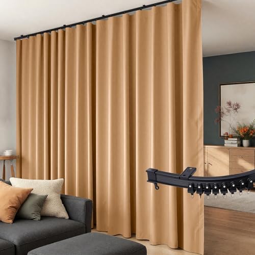 Room Divider Curtains Flexible Ceiling Tracks set Curtain track Ceiling Mount Blackout Curtain for Living Room Bedroom Ceiling Curtain Rod Privacy Dividers Panels W100 x H84 Khaki Drape & Black rail by Hoeflife