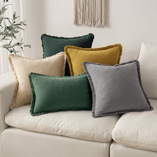 MIULEE Linen Fringe Decorative Euro Throw Pillow Covers Army Green 24x24 - Image 5