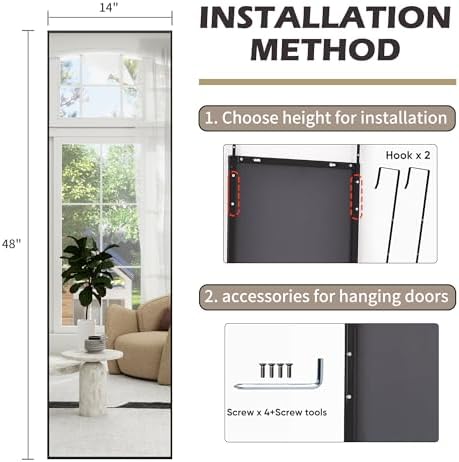 48"x 14" Over the Door Mirror Full Length, Full Body Mirror, Black - Image 7
