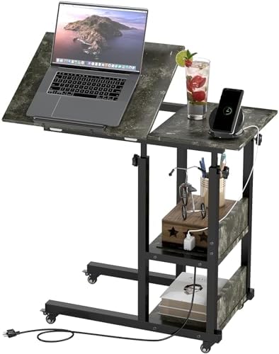 Hadulcet Adjustable C Table with Charging Station, Tiltable Desk C Shaped End Table for Couch, Over Bed Table with Wheels Adjustable Height, Laptop Stand Drawing Desk, Marble Grey by Hadulcet
