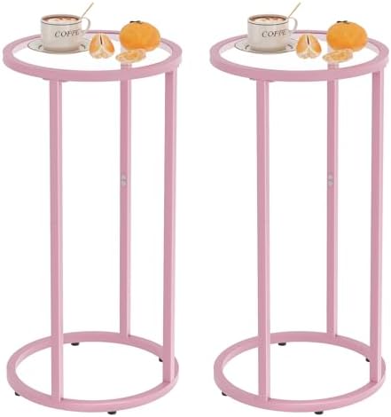 C Table Side End Table,Glass Couch Table Set of 2, Round Sofa End Table with Metal Frame, Small Snack Table for Living Room, Bedroom, Small Spaces, Easy Assembly (Pink,2pcs) by Easy+Paws