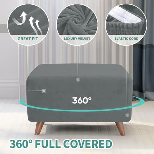 MAXIJIN Velvet Ottoman Cover Rectangular Stretch Square Ottoman Covers Slipcover Rectangle Washable Foot Stool Cover Thick Storage Protector with Elastic Bottom (Ottoman XX-Samll, Light Grey) - Image 4