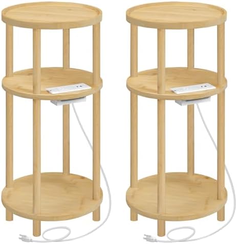 HOOBRO Set of 2 Small Round Side Tables with Charging Station, 3-Tier Round Bamboo End Tables, Easy Assembly, for Living Room, Bedroom, Apartment, Natural YL152UBZP201 by HOOBRO