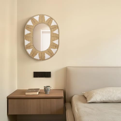 Briful Bohomain Wall Mirror Oval Decorative Mirror Seagrass Wall-Mounted Mirror Farmhouse Home Décor, Hanging Wall Art for Living Room Bedroom Dining Room, Size-16.54''x12.6'' - Image 4