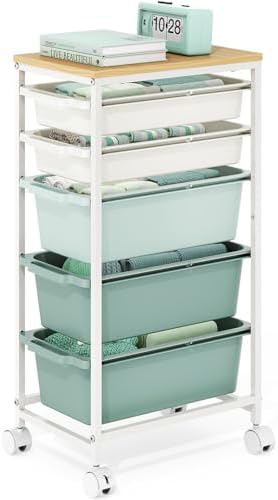 KINGBOARD Slim Rolling Cart with 5 Drawers, Metal Utility Storage Cart | Wooden Tabletop, Lockable Wheels, Table Side Trolley for Bedroom, Children's Room and Office Organization, Green by KINGBOARD