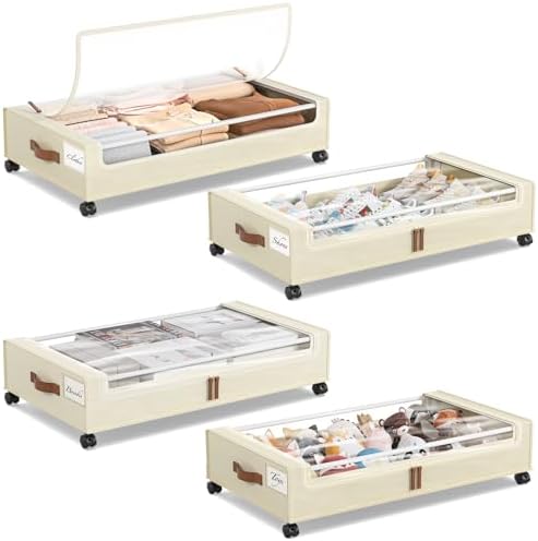 Yecaye 4 Pack Under Bed Storage with Wheels, Under Bed Storage Containers with Lids, Large Under Bed Rolling Storage with Clear Window & Label, Rolling Drawers for Clothes, Blankets, Books by Yecaye
