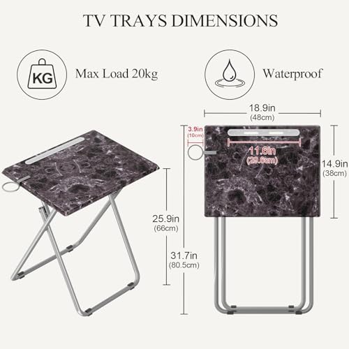 Folding TV Tray Table with Cup Holder, TV Dinner Table with Sturdy MDF Top, Eating Trays with Tablet Slot for Living Room, Bedroom, Sofa (Black Marble, 4Pcs) - Image 2