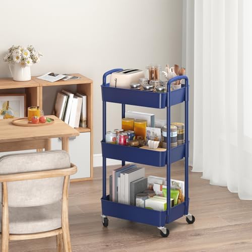 Sywhitta 3-Tier Plastic Rolling Utility Cart with Wheels for Storage,Blue - Image 3
