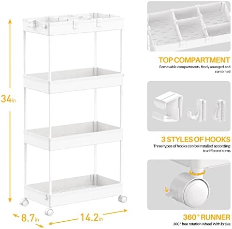 SPACELEAD 4 Tier Rolling Cart with Wheels, Storage Craft Art Trolley Organizer Serving, 3 Hanging Baskets Easy Assembly, for Office, Living Room, Kitchen - Image 3