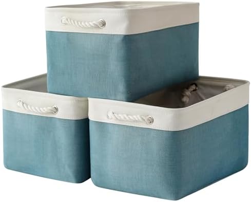 TheWarmHome Organization and Storage basket for Organizing - 3 Pack 16x12x12 inch Cube Storage Bin for Shelves, Fabric Storage Cubes for Organizer Cloth Closet Toy Box (White & Green) by TheWarmHome