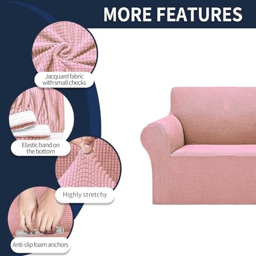 Cupuamon 2026 New Stretch Sofa Slipcovers Couch Cover for 3 Cushion Furniture Protector Sofa Covers with Elastic Bottom Jacquard Fabric Small Checks for Pets, Kids -Sofa, Dusty Pink - Image 4