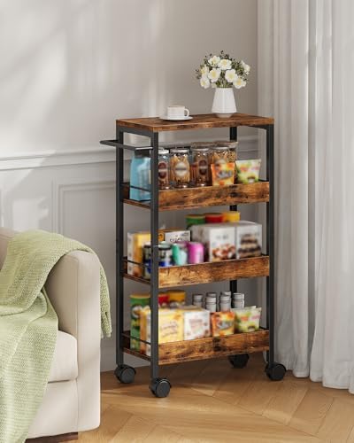CHOEZON 4-Tier Slim Storage Cart, 9.1'' Kitchen Serving Trolley, Slim Rolling Cart with Handle and Guard Rails, Slim Cabinet for Small Spaces, for Dining Room, Rustic Brown and Black TTC03BF - Image 3