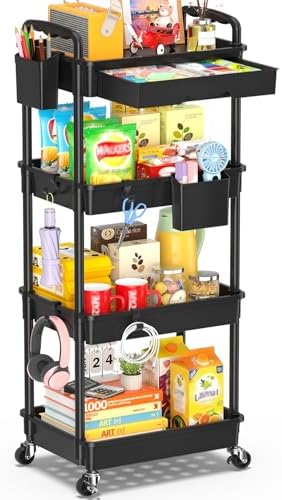 SUNALLY 4 Tier Rolling Cart with Drawer, Craft Storage Cart Organizer,Black by SUNALLY