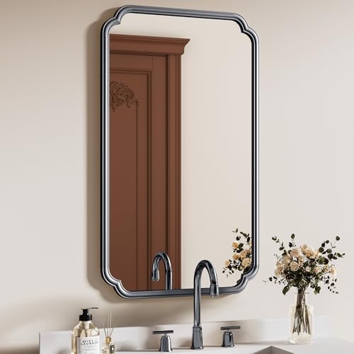 Ferytange 26"x40" Rustproof Bathroom Mirror Black, Round Corner Metal Frame Wall Mirror, Horizontal/Vertical Hanging Over Sink, Bedroom Bathroom Decor by FerytangeHome