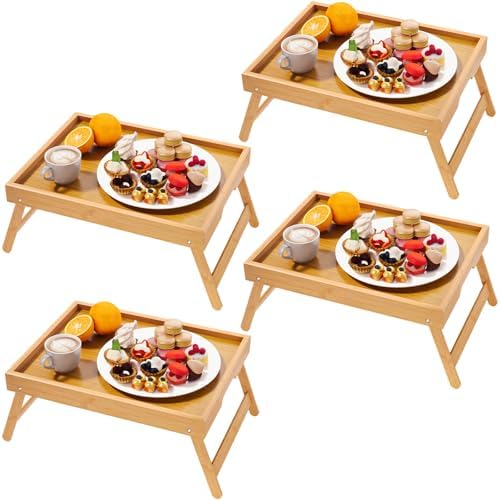 Fibogollo 4 Pack Bamboo Bed Tray Table with Folding Legs,Breakfast Trays,Serving Tray for Food and Snack,Laptop Trays for Working(Natural) by Fibogollo