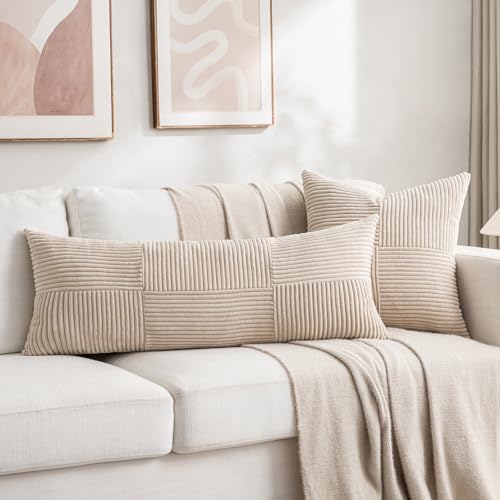 Fancy Homi 2 Packs Tan Decorative Throw Pillow Covers 20x20 Inch for Living Room Couch Bed Sofa, Farmhouse Boho Home Decor, Soft Corss Corduroy Patchwork Accent Square Beige Cushion Case 50x50 cm - Image 6