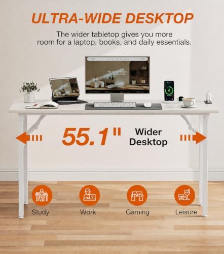 XBurmo Small Folding Desk Folding Table, No Assembly Foldable Desk Gaming Desk, 55.1-Inch Computer Table Workstation with 2 AC Outlets and 2 USB Ports for Bedroom and Home Office, White Ash - Image 7