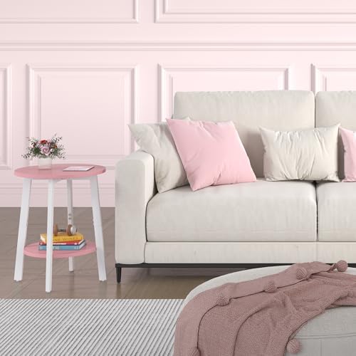 sthmec Side Table, Small Round End Table with Storage Shelf for Small Space, 2-Tier Bedside Table Sofa Couch Table, Round Accent Table Nighstands for Living Room, Bedroom, Pink - Image 7