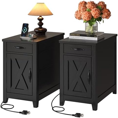 IRONCK Black End Tables Set of 2 Narrow Side Table with Charging Station by IRONCK