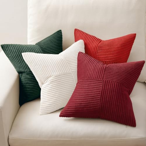 MIULEE Boho Christmas Red Decorative Throw Pillow Covers 18x18 Set of 4 Farmhouse Cushion Covers Color-Clash Corduroy Pillow Cases Modern Soft Corduroy Patchwork Home Decor for Couch Sofa Bedroom - Image 5