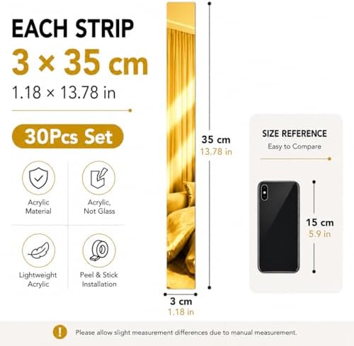Acrylic Mirror Wall Decor, Peel and Stick Mirror Strips, Vertical Wall Mirror Tiles for Entryway, Bedroom & Bathroom, Shatterproof, Removable, Gold Silver Black, 20/30/40 PCS (30, Gold) - Image 2