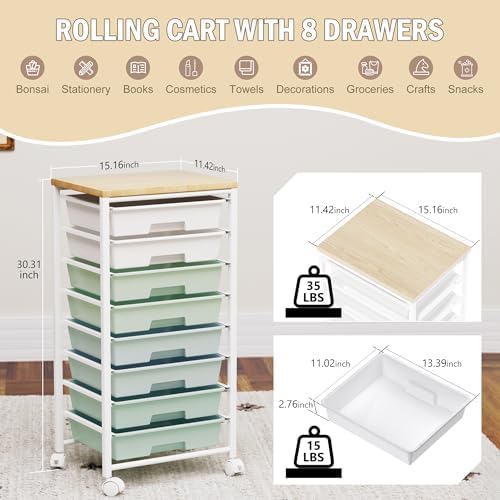 Rolling Cart with 8 Drawers, Storage Drawers Cart with Wooden Tabletop and Lockable Wheels, Craft Storage for Living Room, Office, Classroom, Craft Room, Bedroom - Image 2