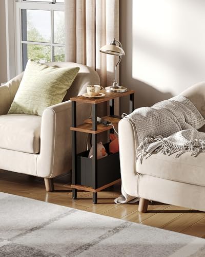 CHOEZON Set of 2 End Tables with Charging Station, Narrow Side Table for Small Spaces, Slim Nightstand with Basket, Skinny Bedside Table, for Living Room, Bedroom, Rustic Brown and Black TBZ07UP2BF - Image 2