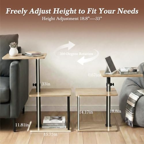 Faesun 360° Swivel Side Table for Height Adjustable, C Shaped End Table for Couch with Storage, 3-Tier Night Stand with Open Shelf, Tv Tray for Small Spaces, Living Room, Bedroom, Oak - Image 5