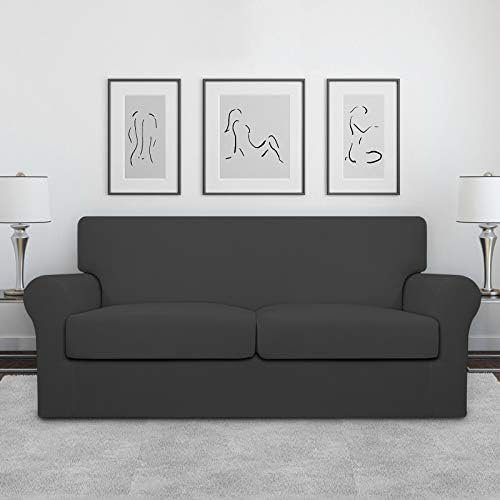 Easy-Going Oversized 3 Pieces Stretch Fleece Soft Loveseat Sofa Couch Cover for Pets - Washable Sofa Slipcover for 2 Separate Cushion Couch - Elastic Furniture Protector for Dogs, Kids, Dark Gray - Image 2