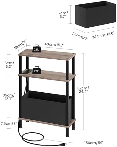 CHOEZON Small Narrow Side Table with Charging Station, Skinny End Table with Fabric Basket, Slim Nightstand for Small Spaces, Sofa Side Table, for Living Room, Bedroom, Greige and Black TBZ07UFH - Image 3