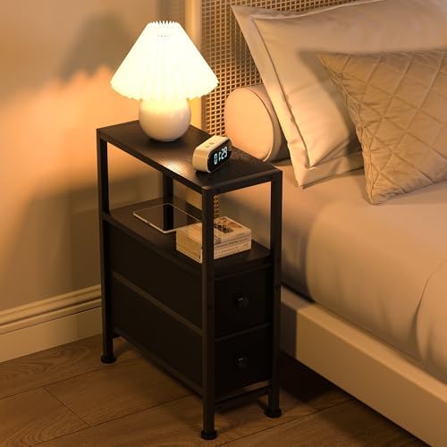 Small Narrow Side Table with Drawers, Skinny End Table for Small Spaces, Slim Nightstand with Storage, Sofa Bedside Table in Living Room, Bedroom, Study, Kitchen and Balcony (Black) - Image 2